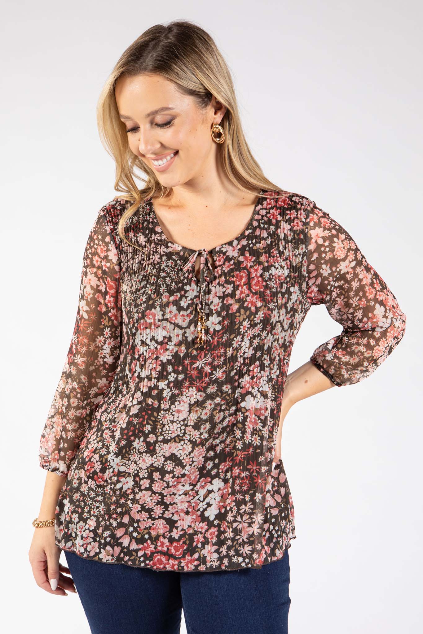 Plisse Pleated Floral Blouse