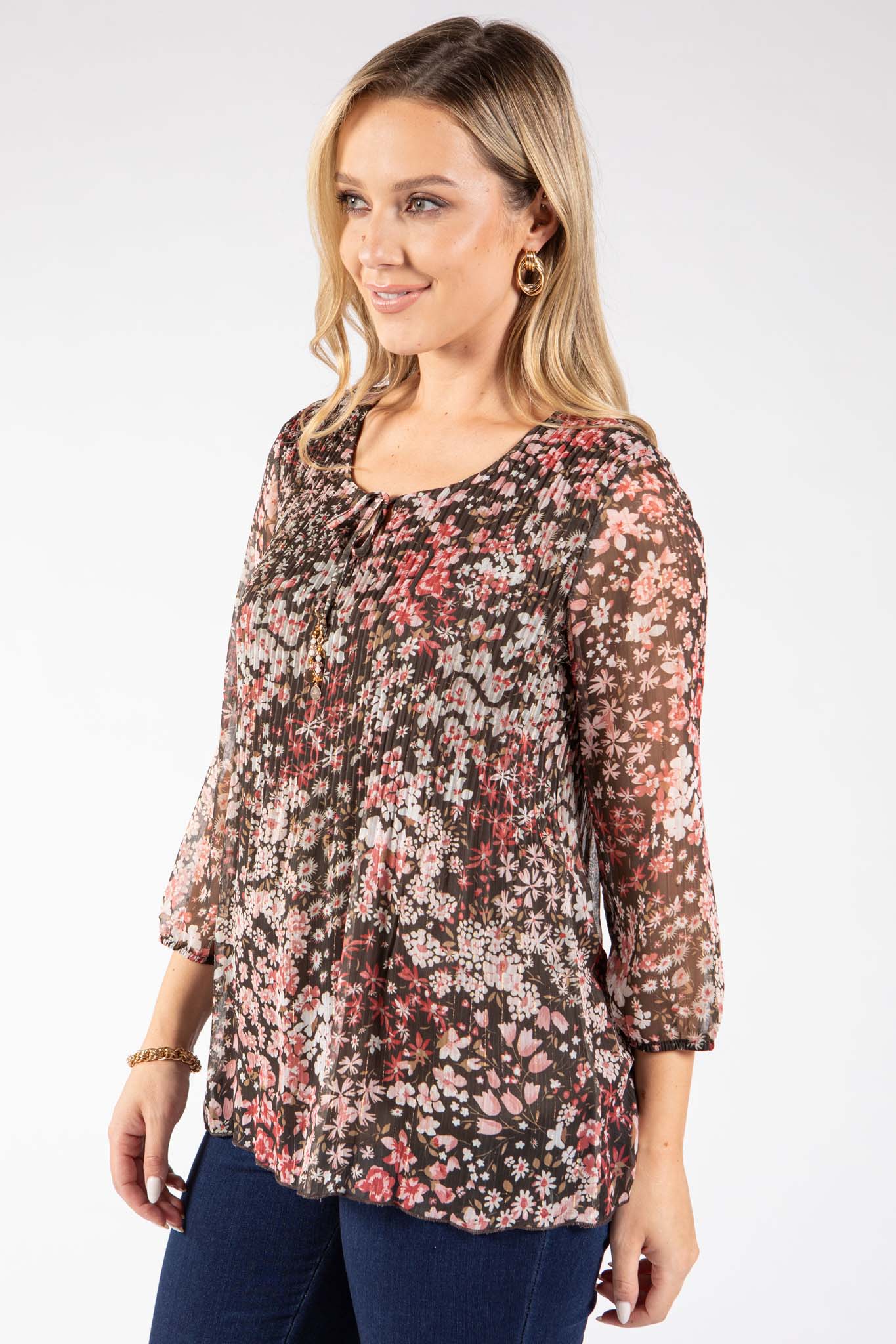 Plisse Pleated Floral Blouse