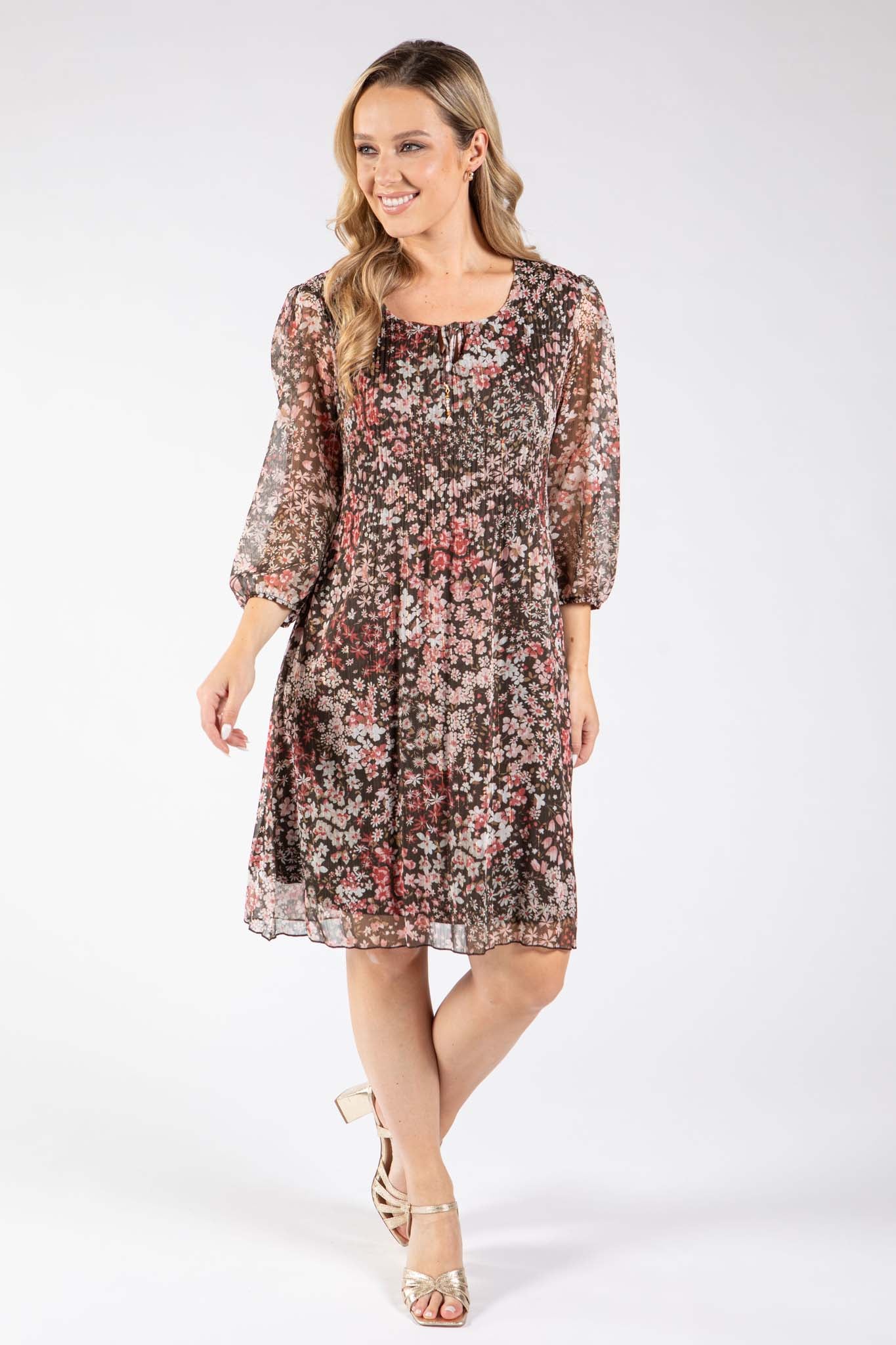 Plisse Pleated Floral Print Dress