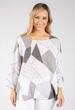 Patchwork Print Linen Look Top