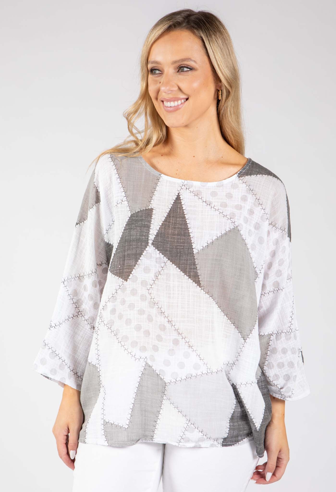 Patchwork Print Linen Look Top