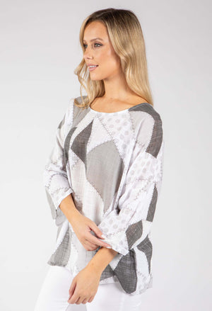 Patchwork Print Linen Look Top