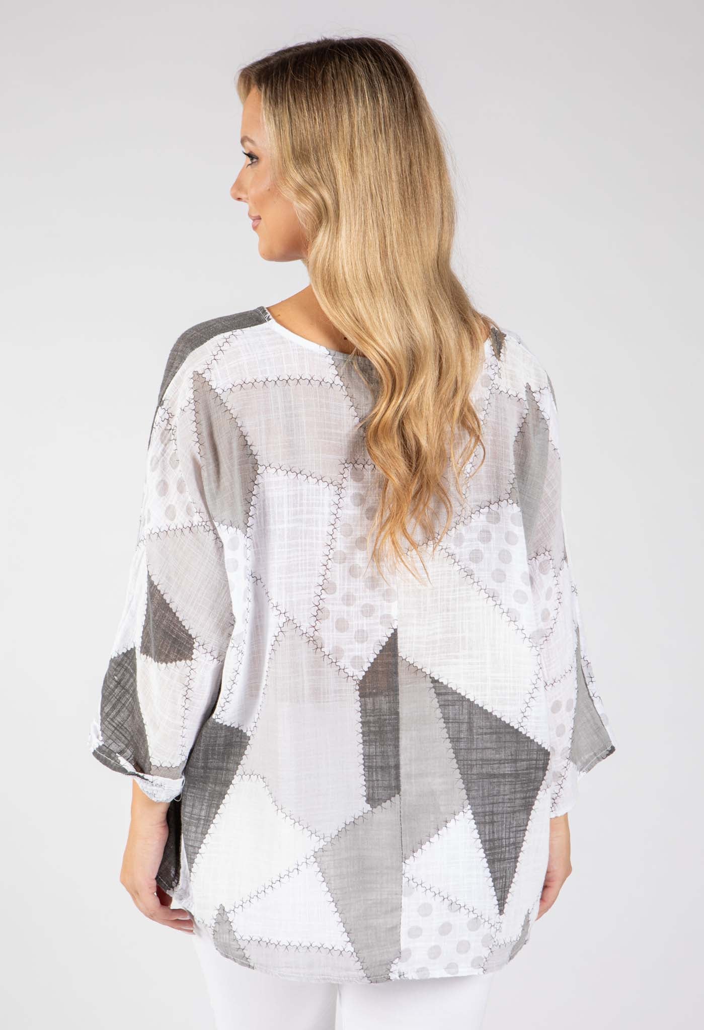 Patchwork Print Linen Look Top