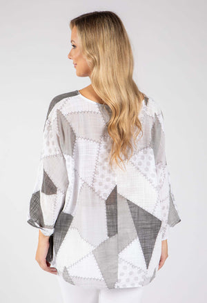 Patchwork Print Linen Look Top