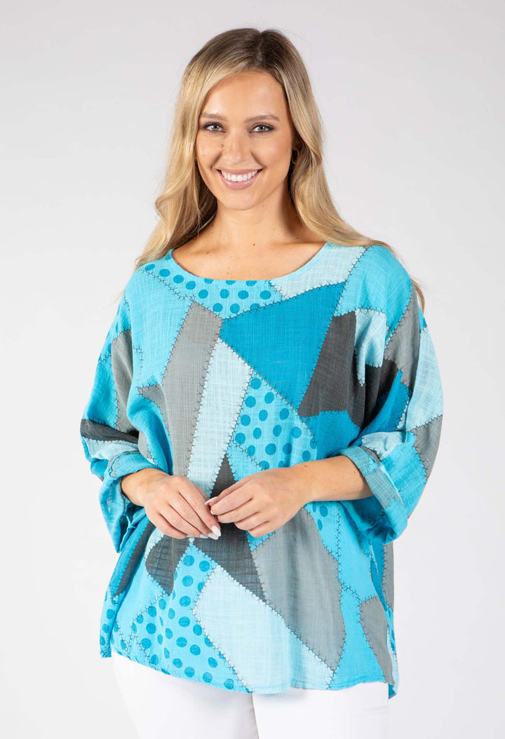 Patchwork Print Linen Look Top