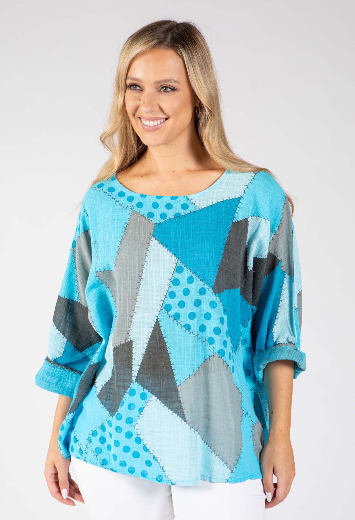 Patchwork Print Linen Look Top