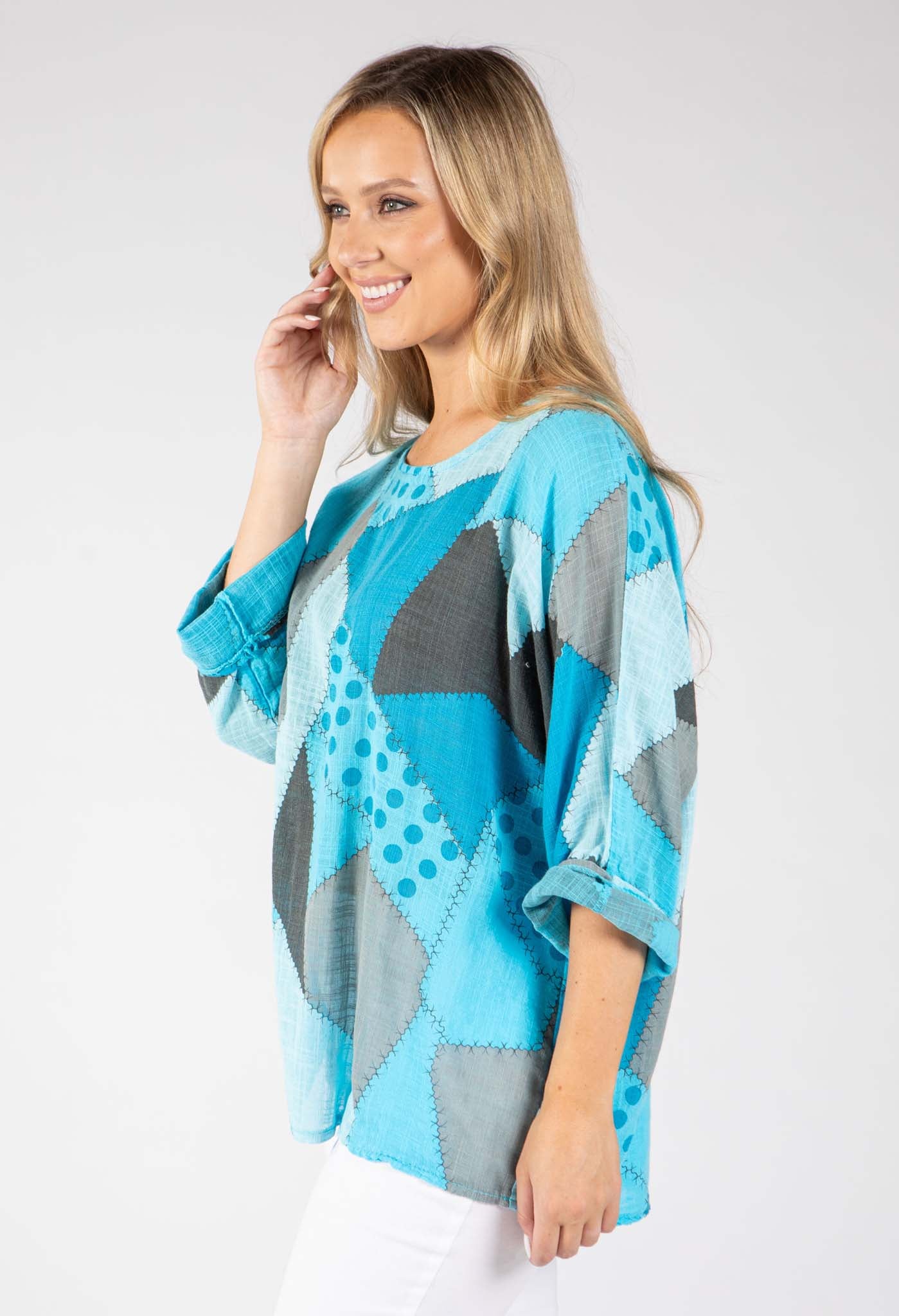 Patchwork Print Linen Look Top
