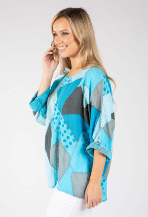Patchwork Print Linen Look Top