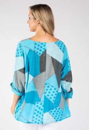 Patchwork Print Linen Look Top