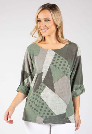 Patchwork Print Linen Look Top