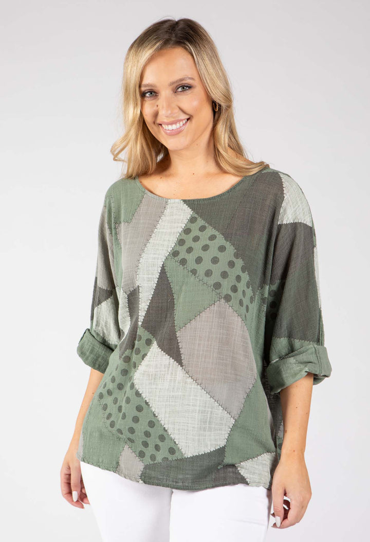 Patchwork Print Linen Look Top