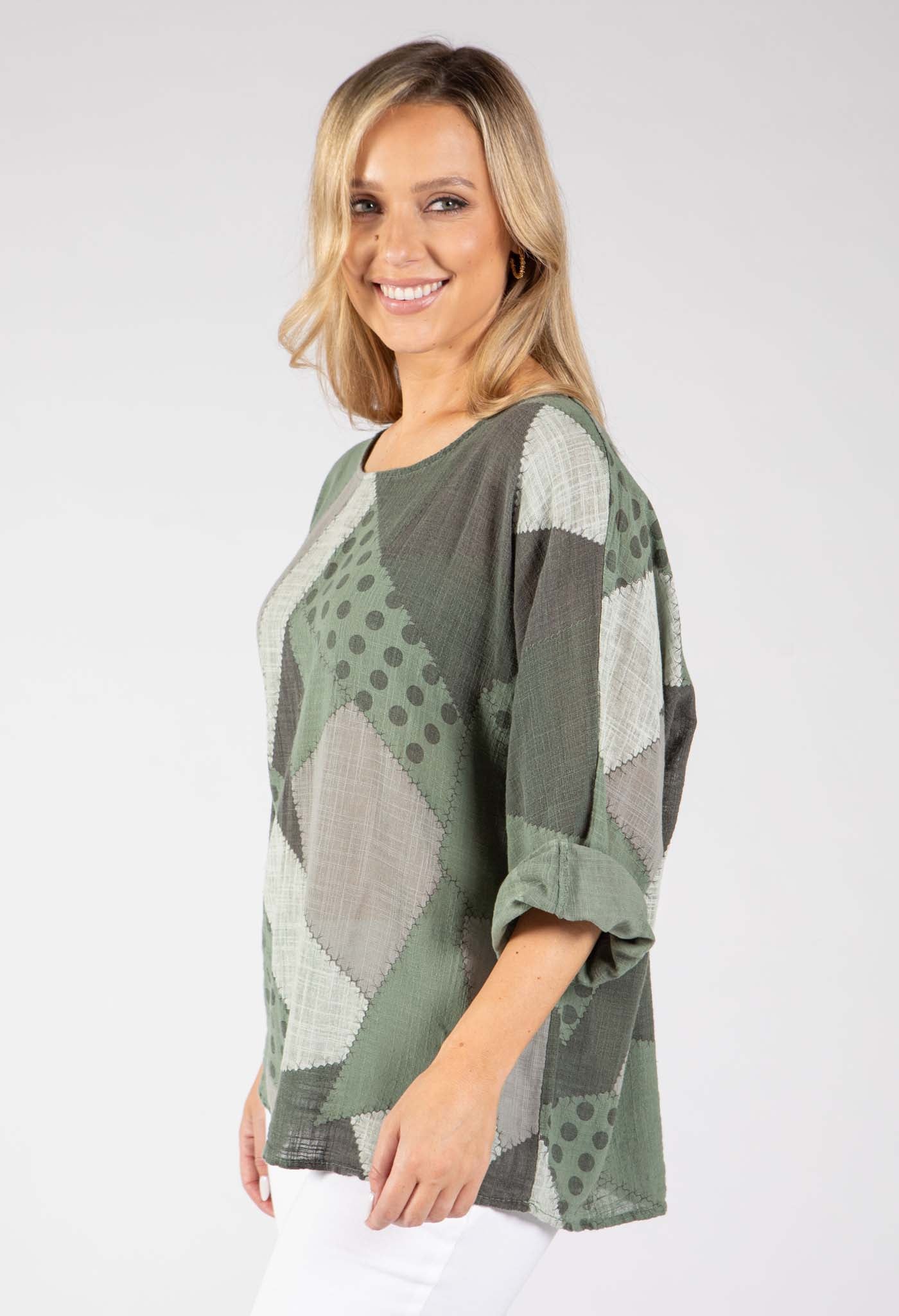 Patchwork Print Linen Look Top