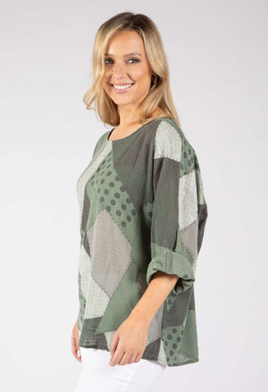 Patchwork Print Linen Look Top