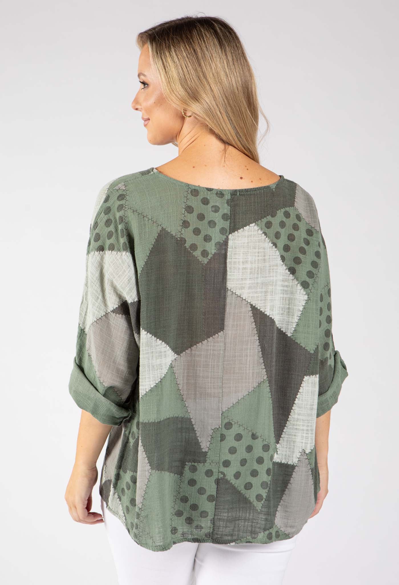 Patchwork Print Linen Look Top