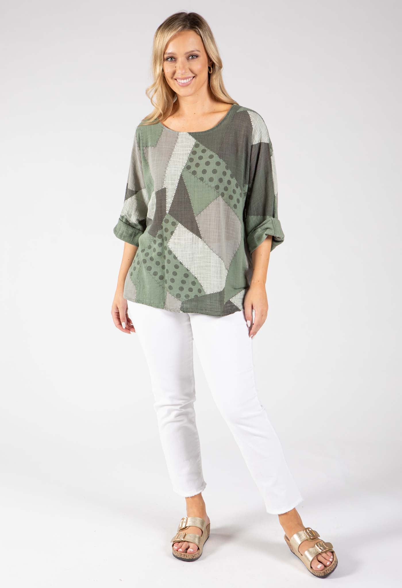 Patchwork Print Linen Look Top