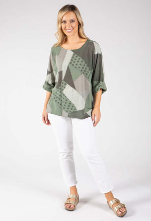 Patchwork Print Linen Look Top
