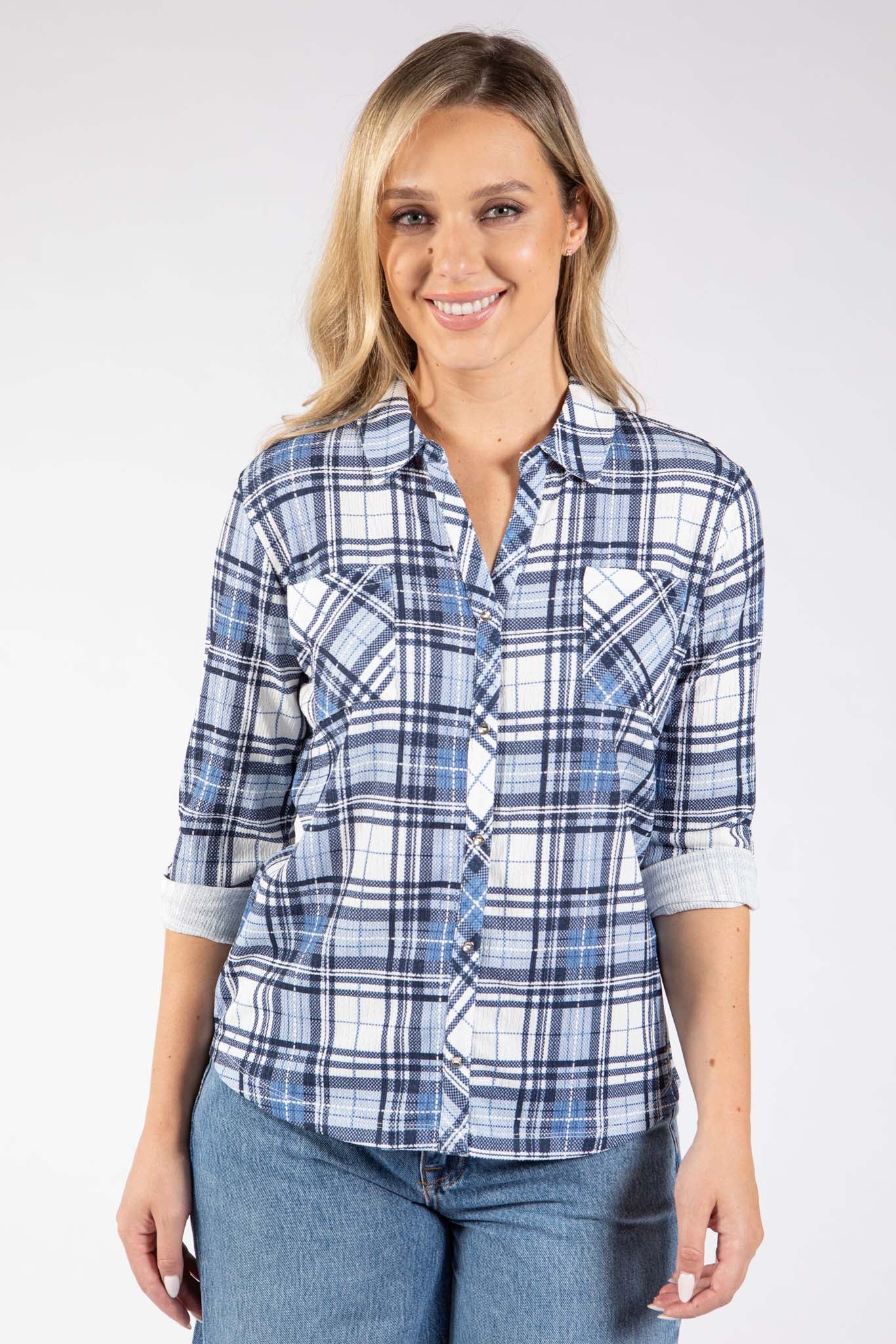 Front Pocket Check Blouse