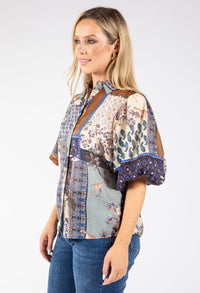 Patchwork Print Balloon Sleeve Blouse