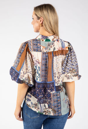 Patchwork Print Balloon Sleeve Blouse