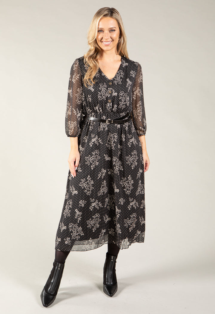 Ropi Floral Print Belted Midi Dress