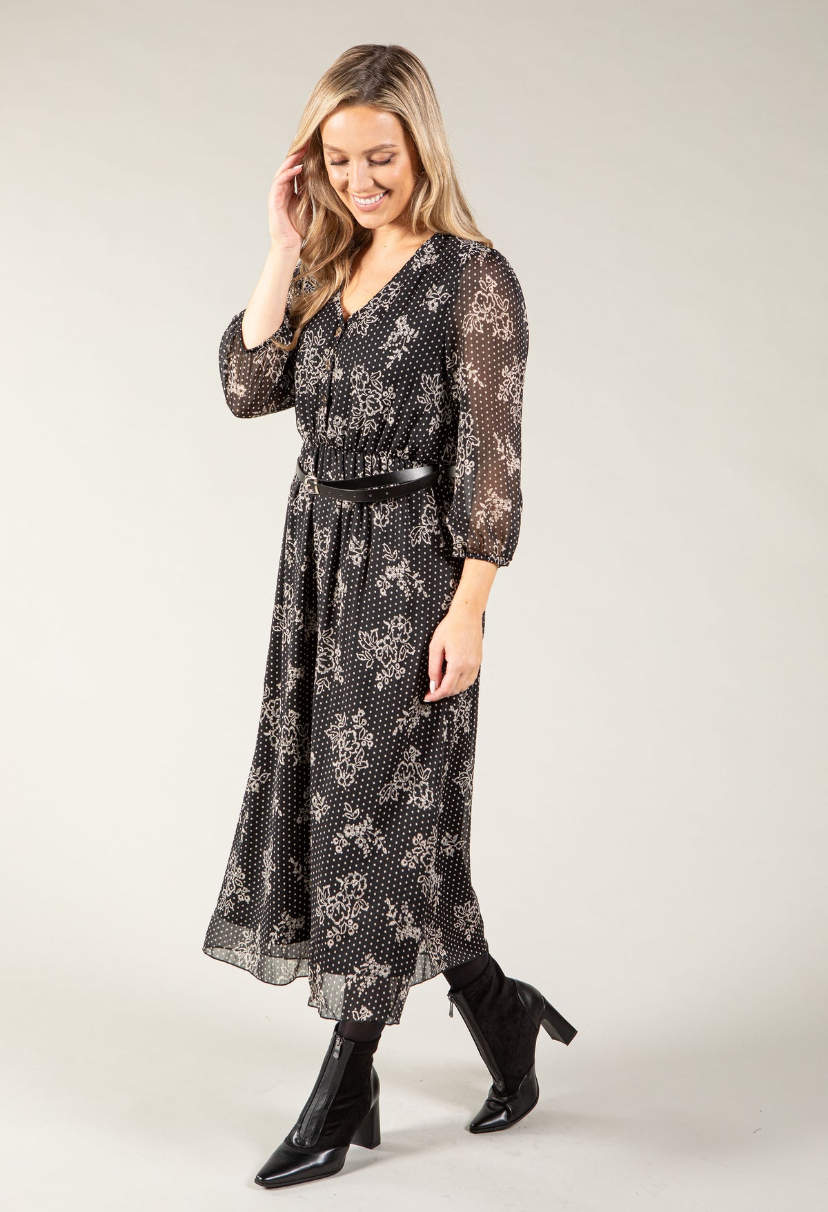 Ropi Floral Print Belted Midi Dress