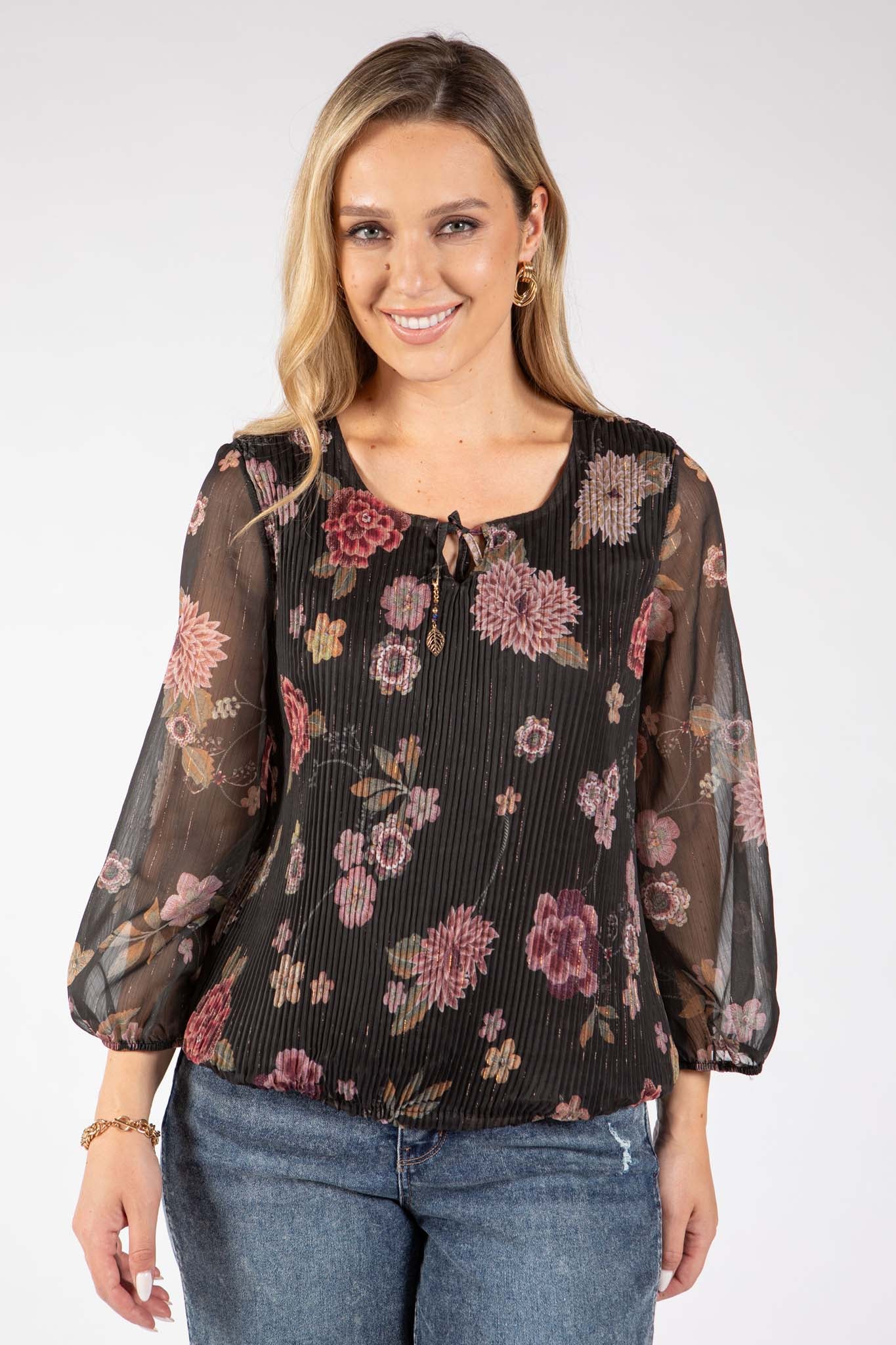 Plisse Pleated Floral Print Blouse