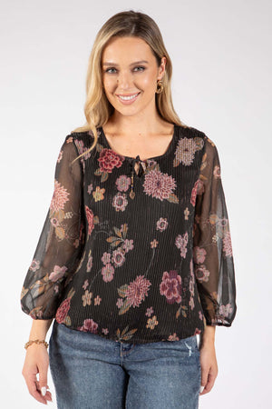 Plisse Pleated Floral Print Blouse