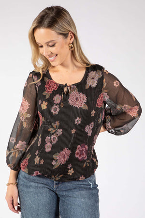 Plisse Pleated Floral Print Blouse