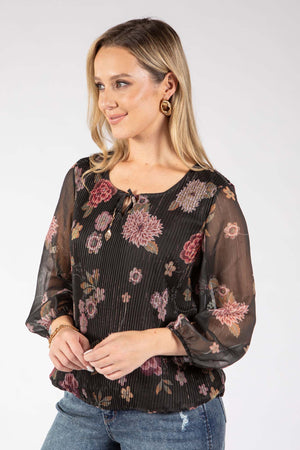Plisse Pleated Floral Print Blouse