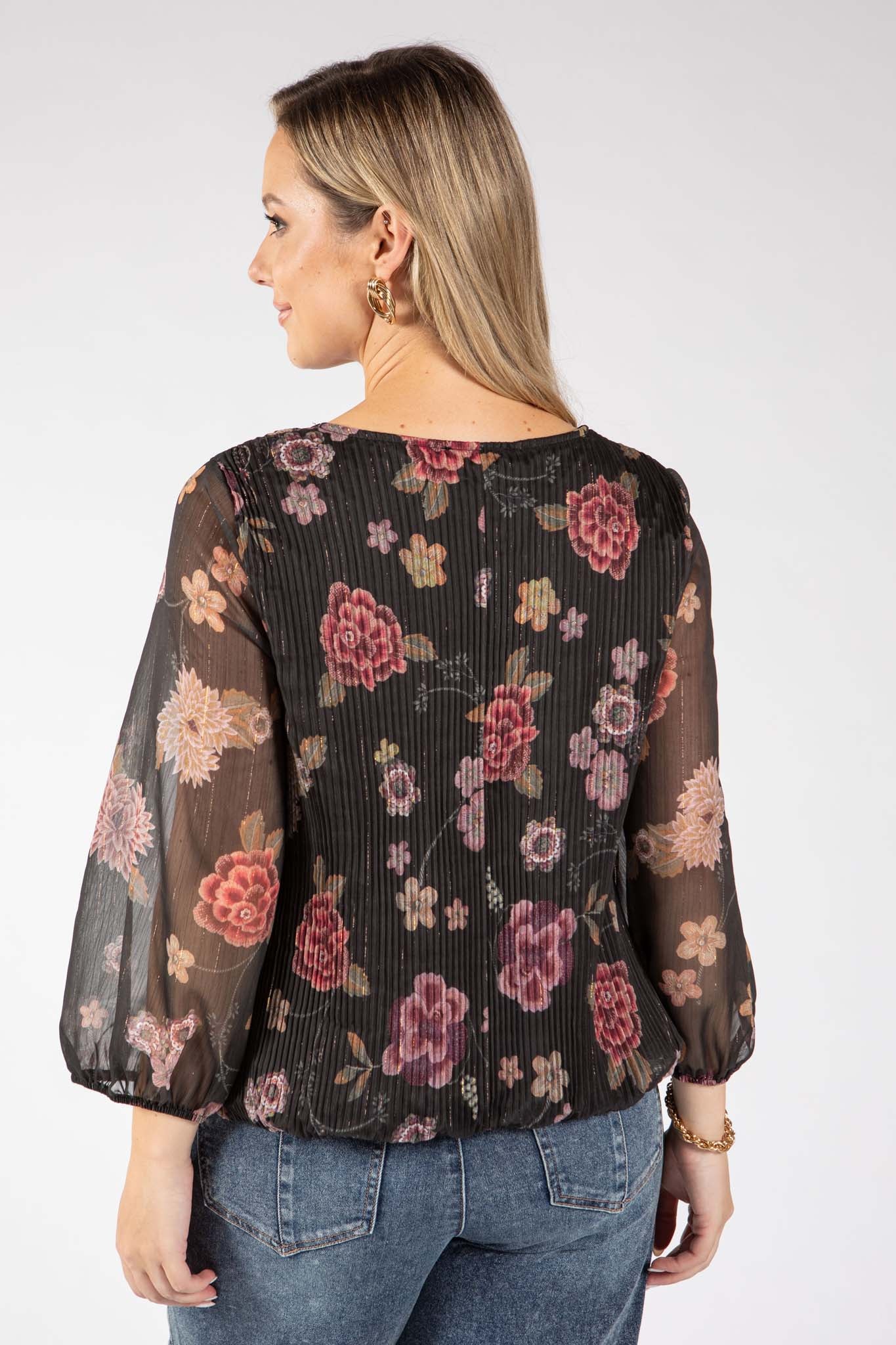 Plisse Pleated Floral Print Blouse