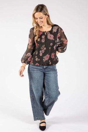 Plisse Pleated Floral Print Blouse