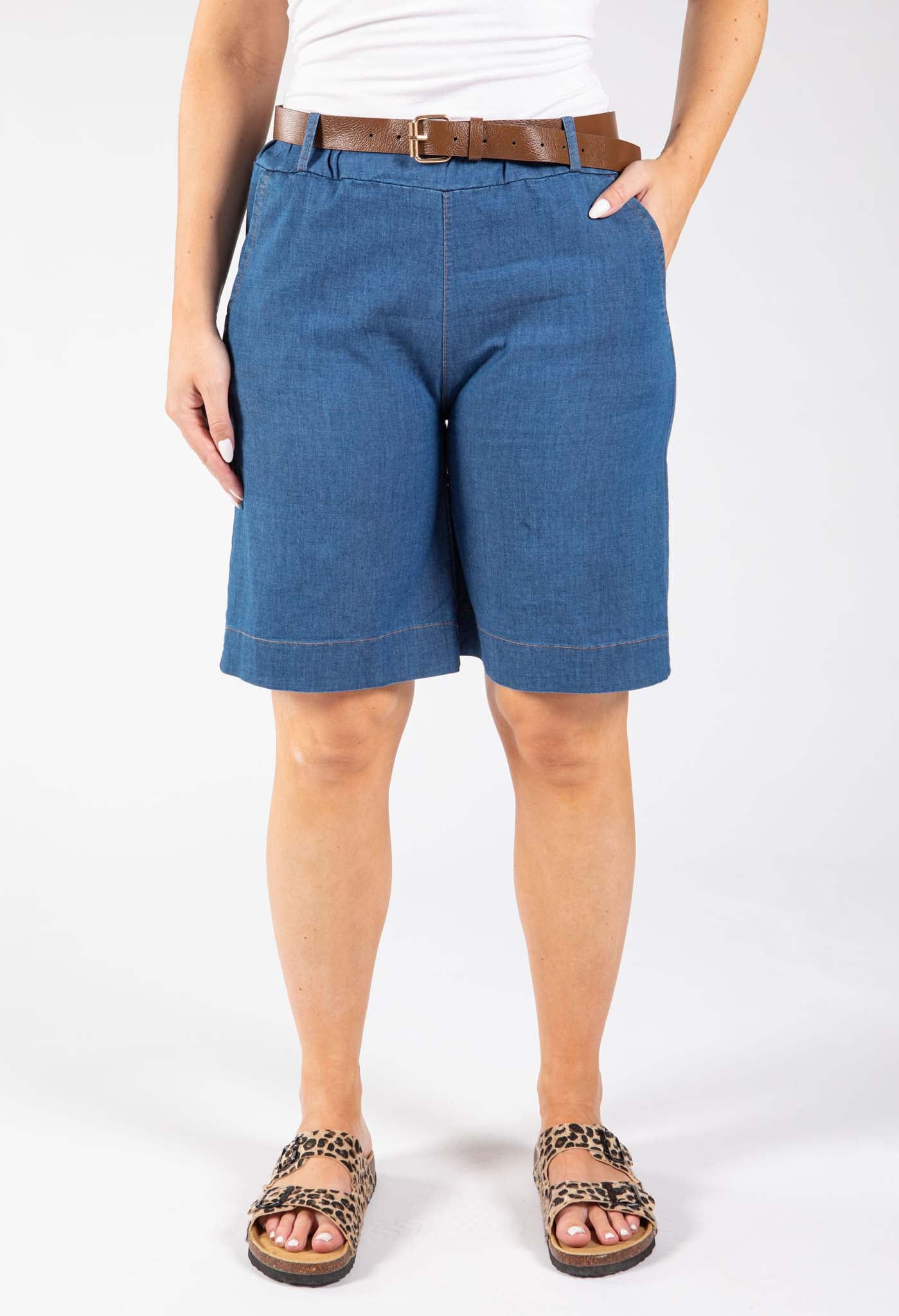 Belted Denim Bermuda Shorts