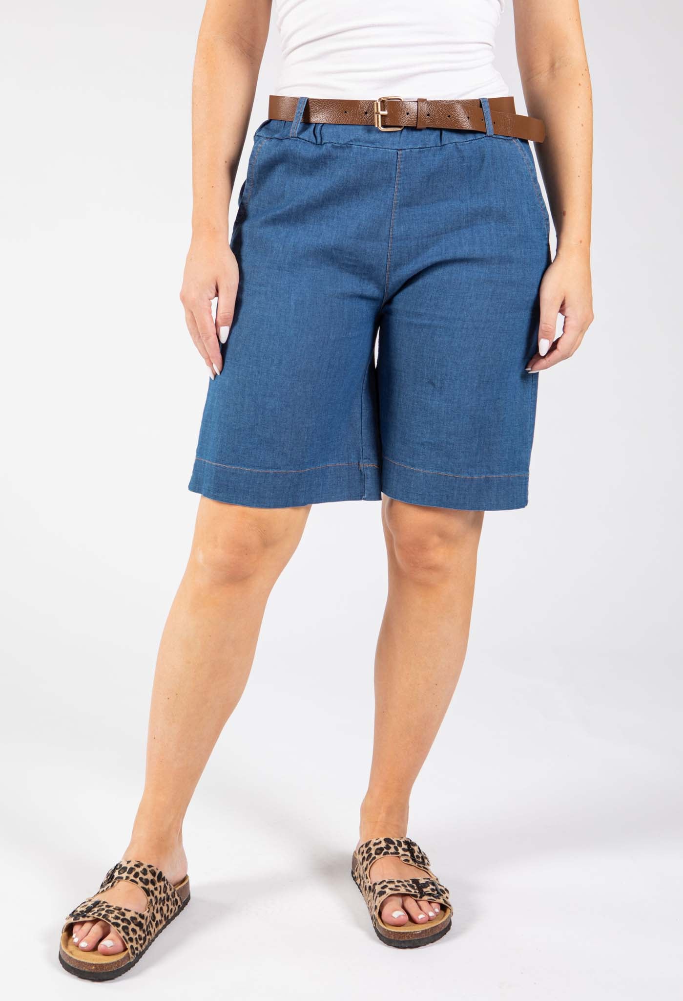 Belted Denim Bermuda Shorts