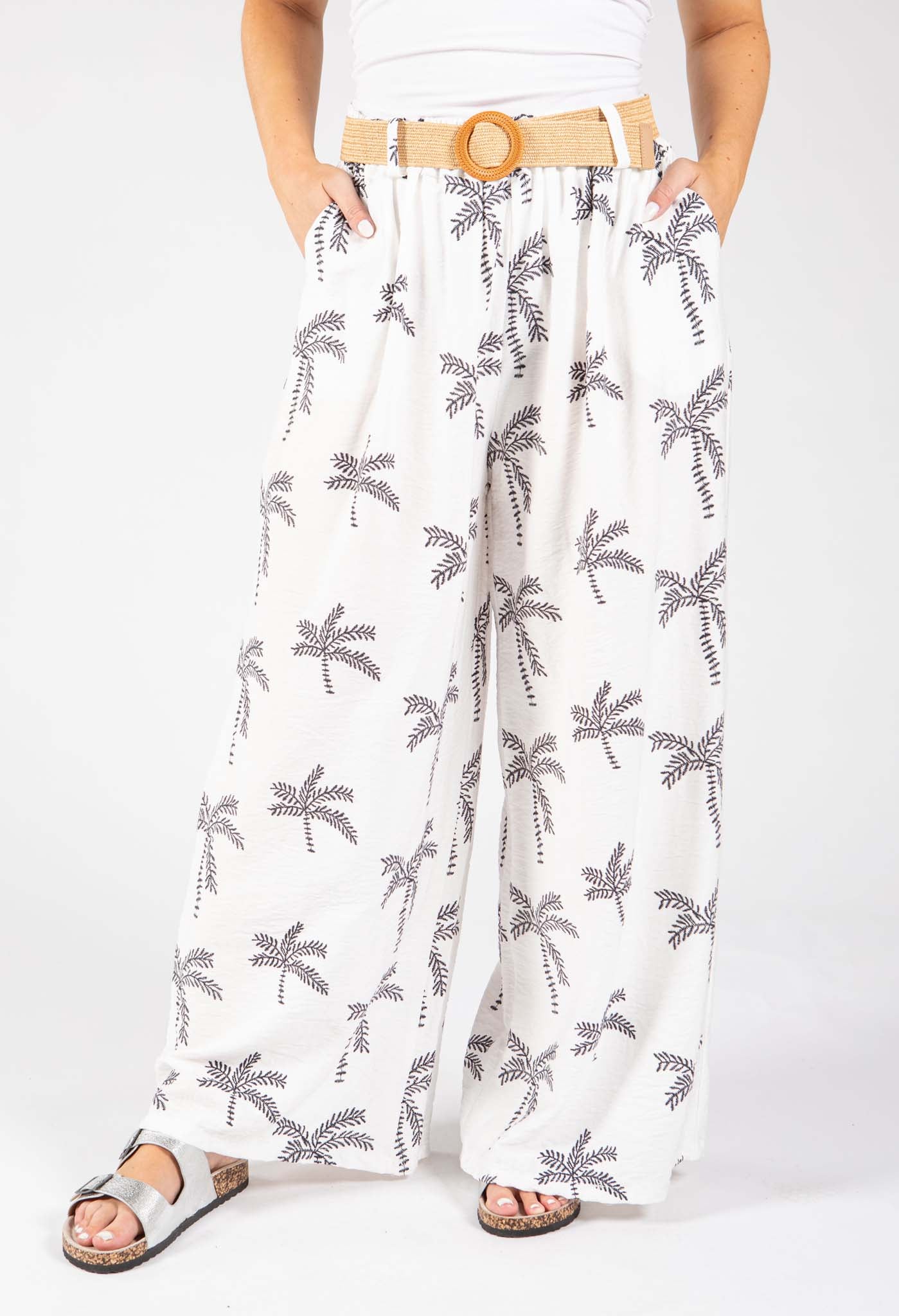 Palm Print Belted Trousers