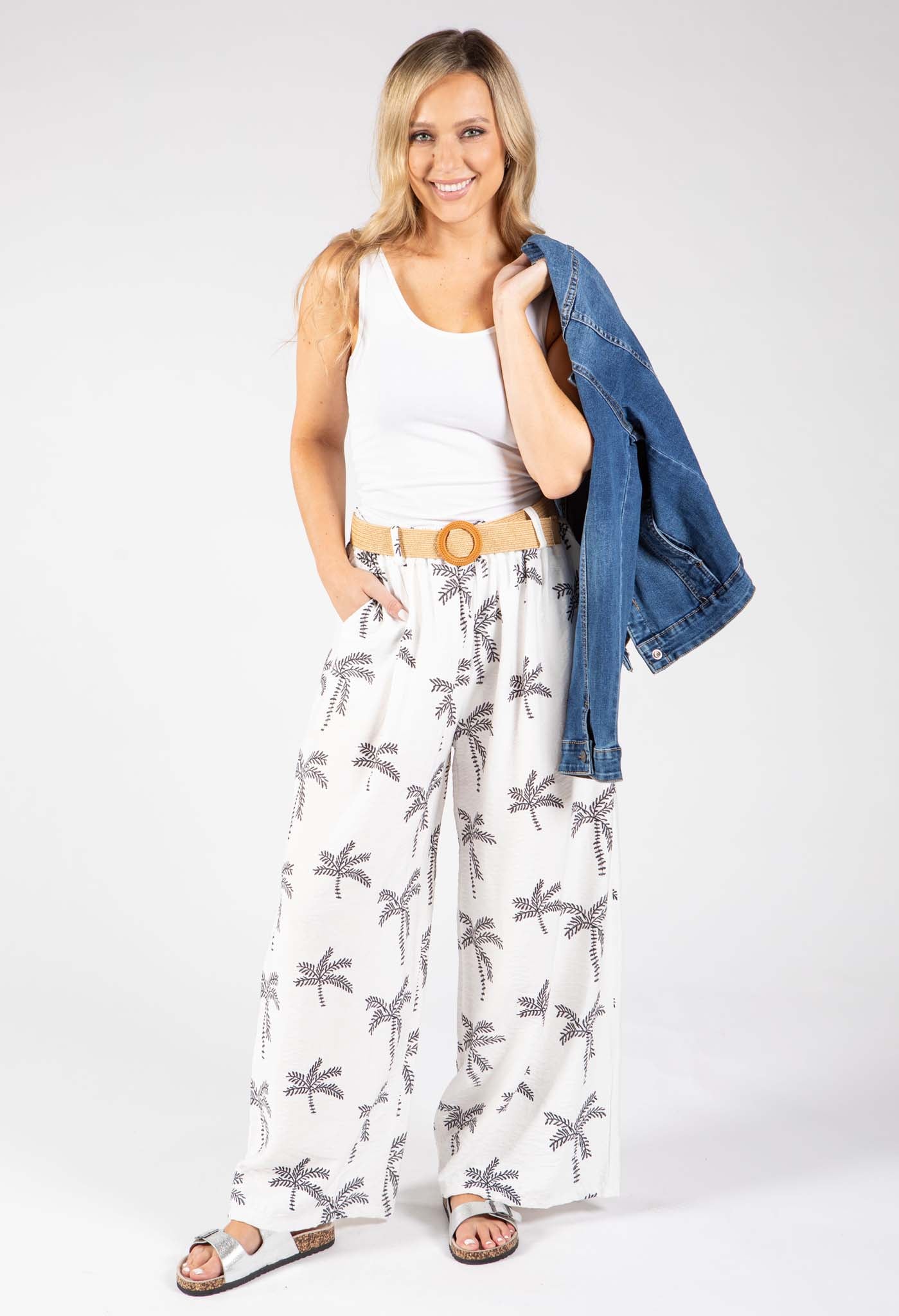 Palm Print Belted Trousers