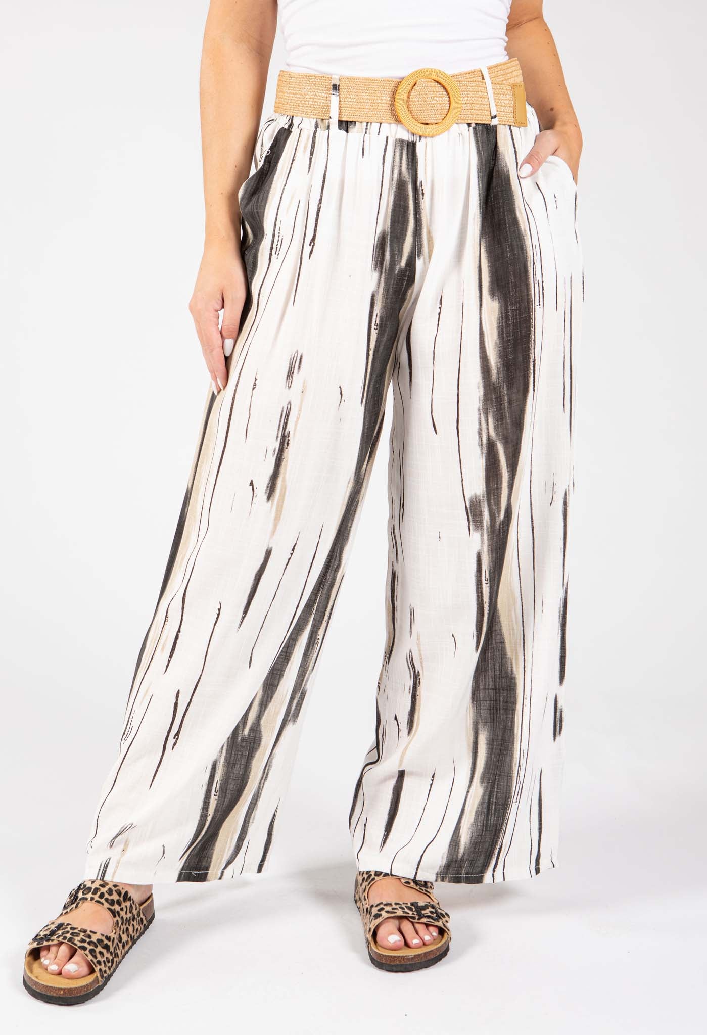 Striped Design Belted Trousers