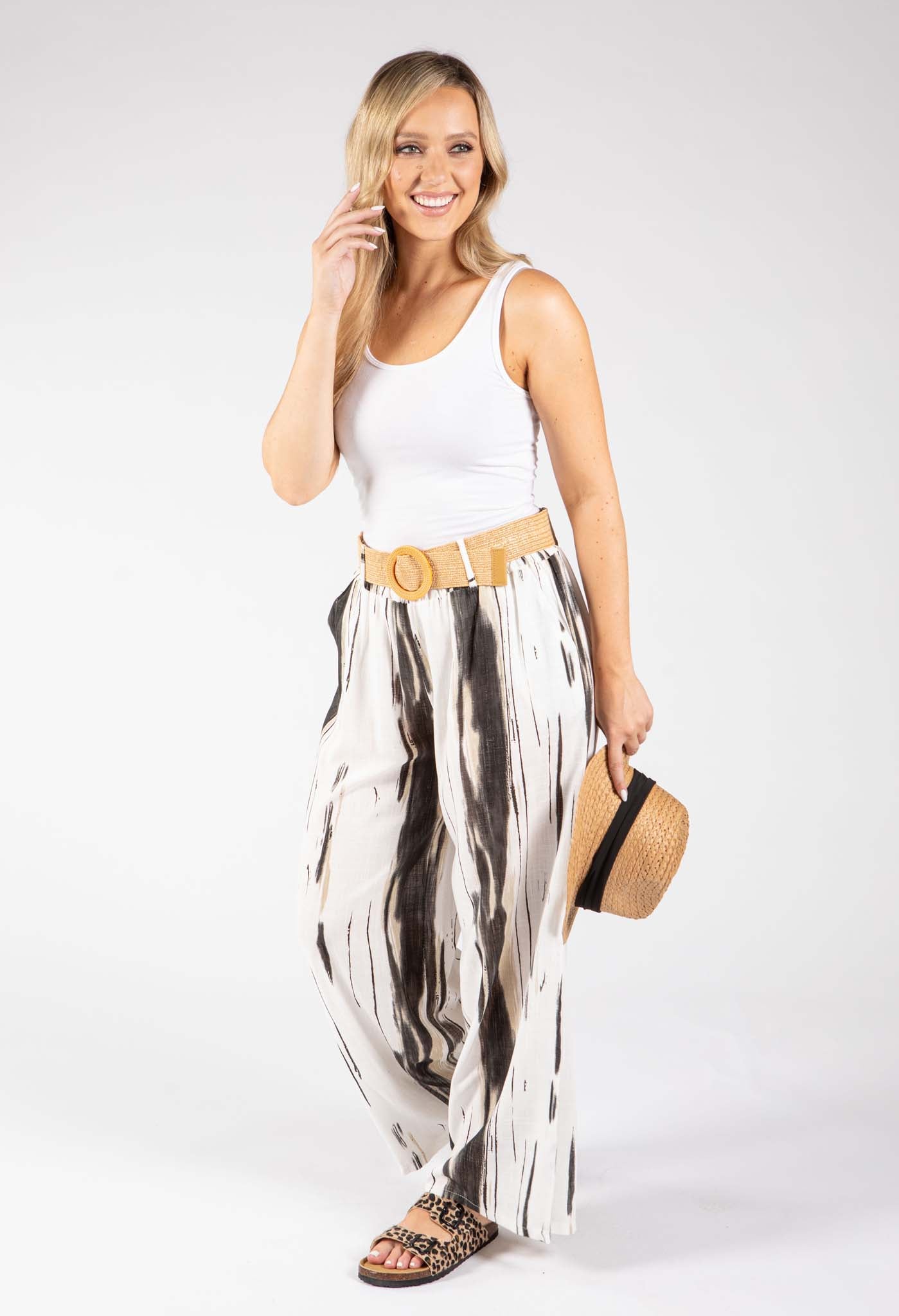 Striped Design Belted Trousers