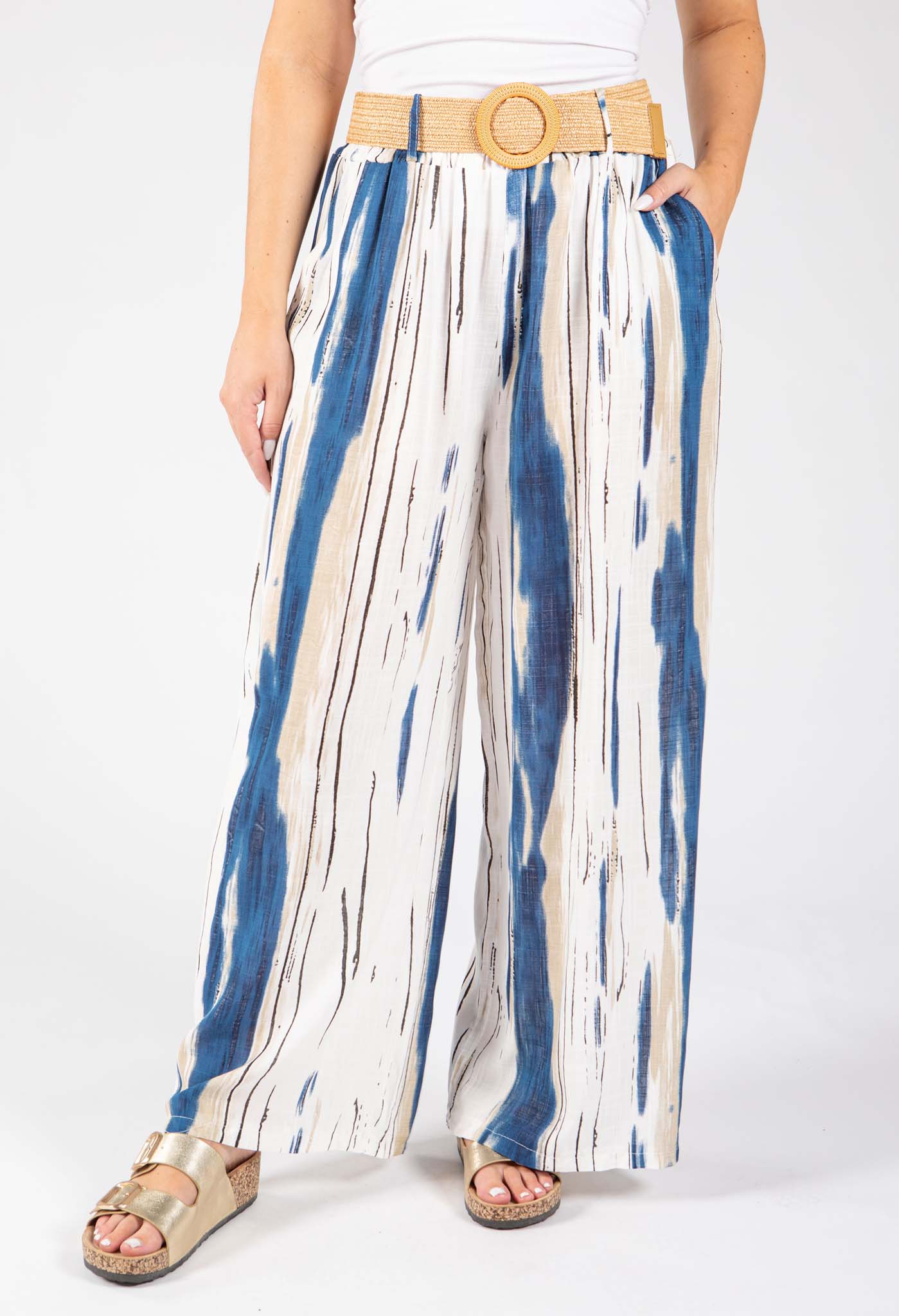 Striped Design Belted Trousers