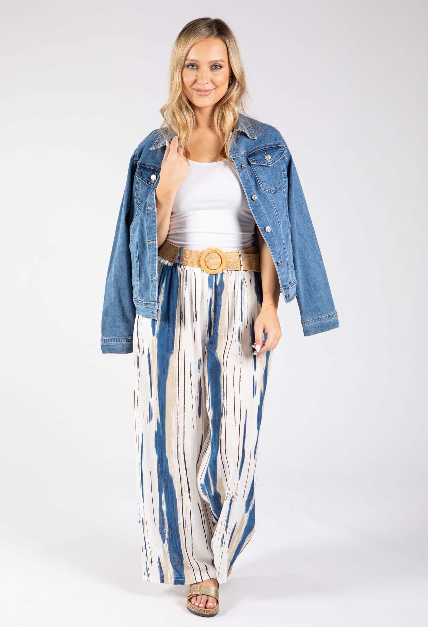 Striped Design Belted Trousers