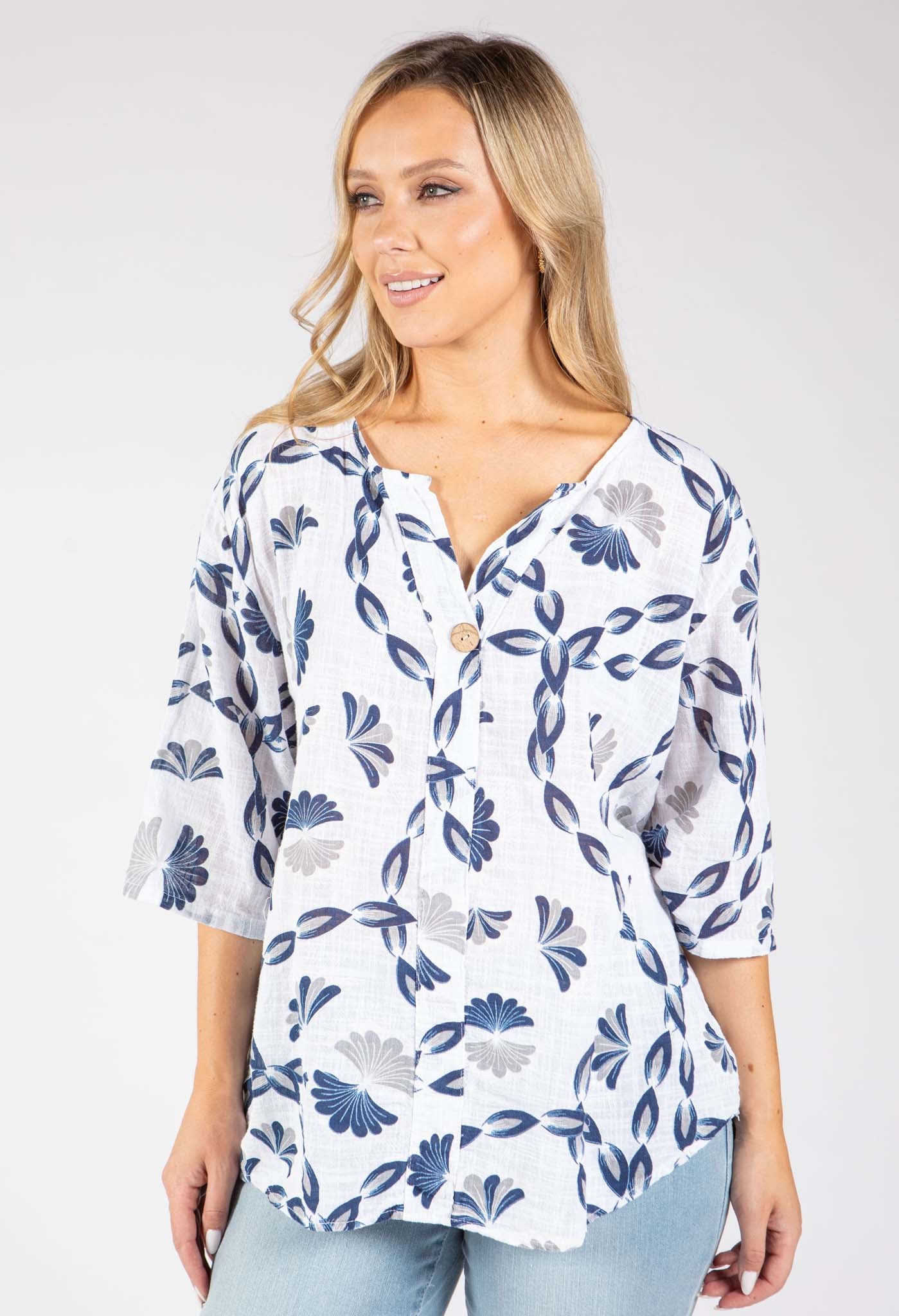 Floral Print Linen Look Blouse