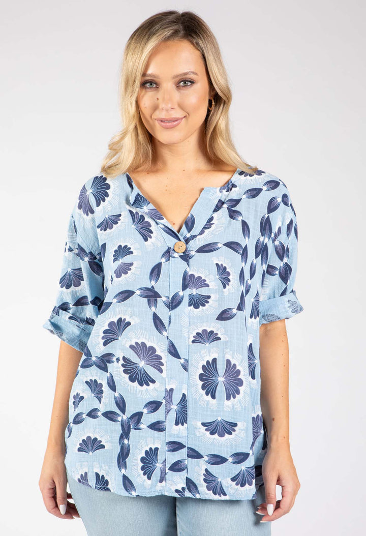 Floral Print Linen Look Blouse