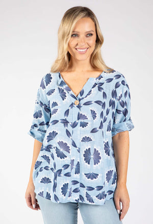 Floral Print Linen Look Blouse