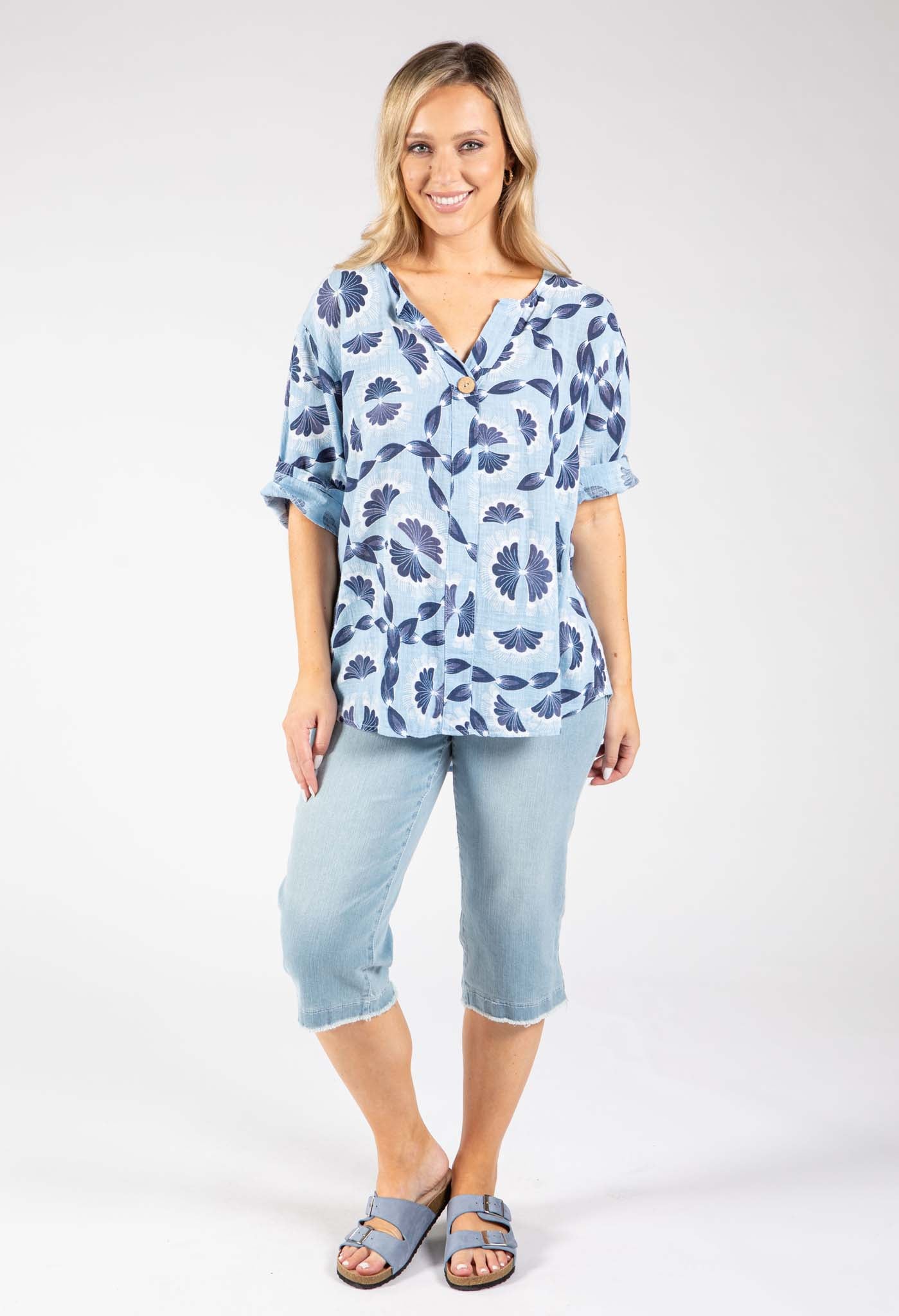 Floral Print Linen Look Blouse