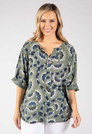 Floral Print Linen Look Blouse