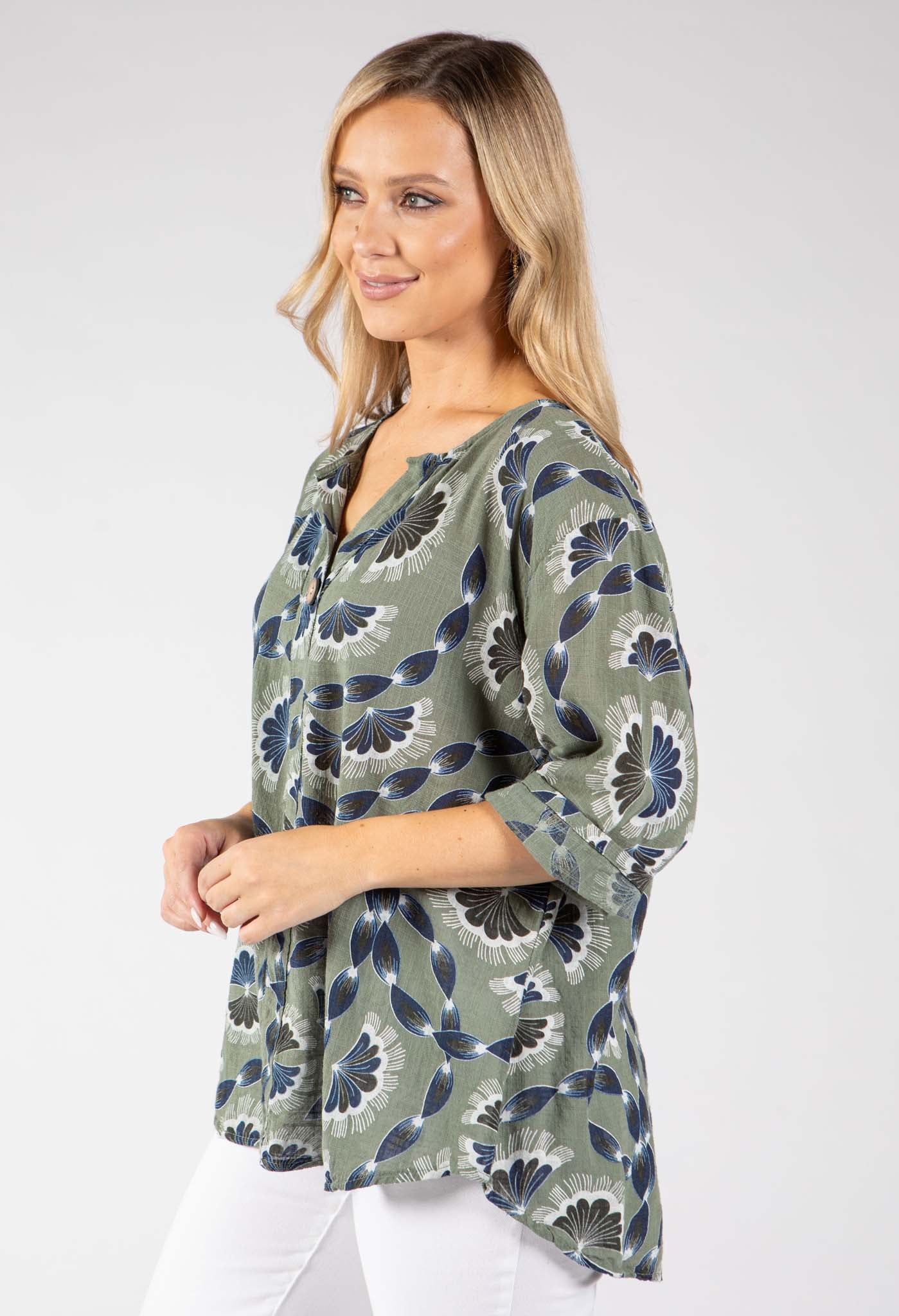 Floral Print Linen Look Blouse
