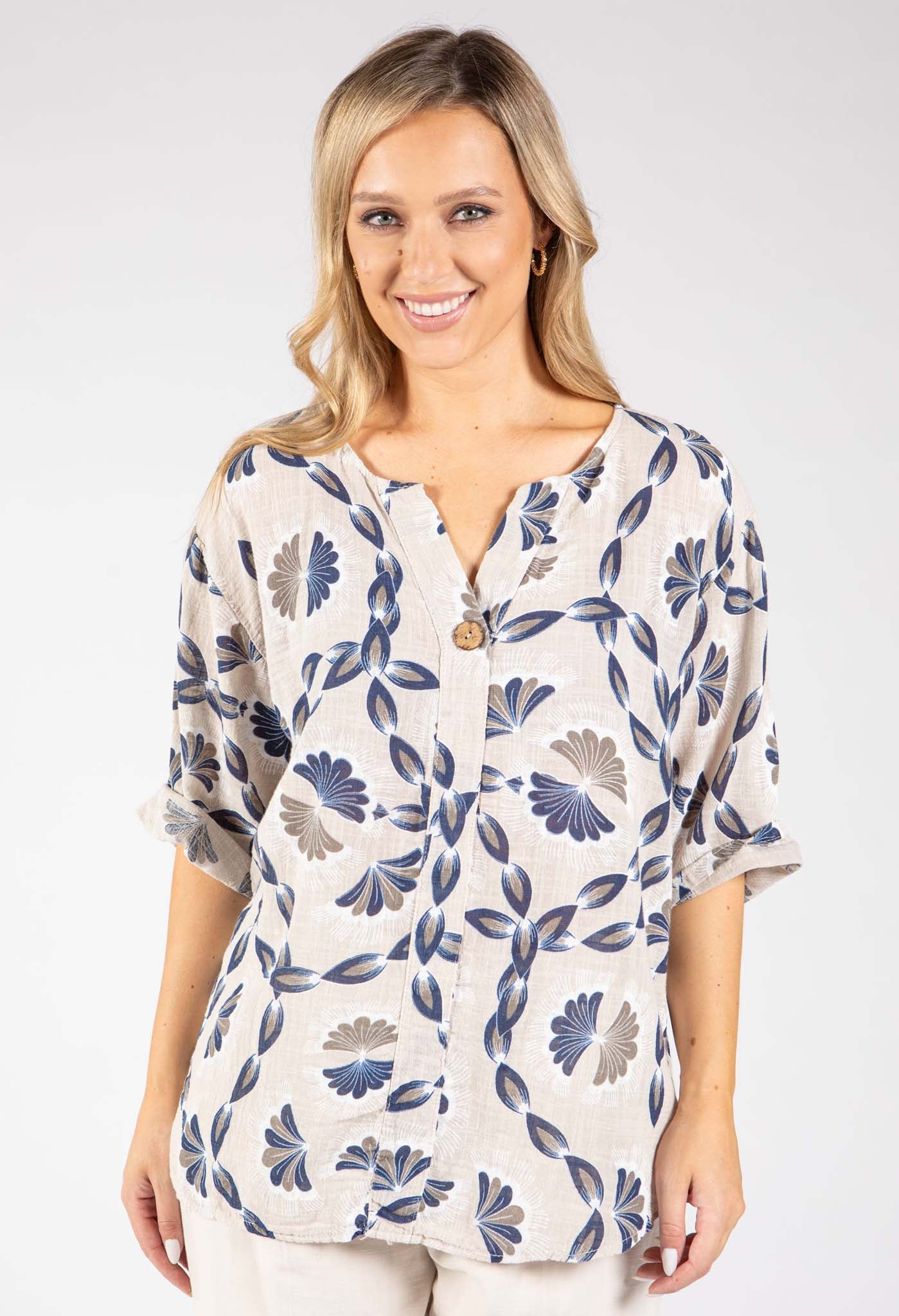 Floral Print Linen Look Blouse