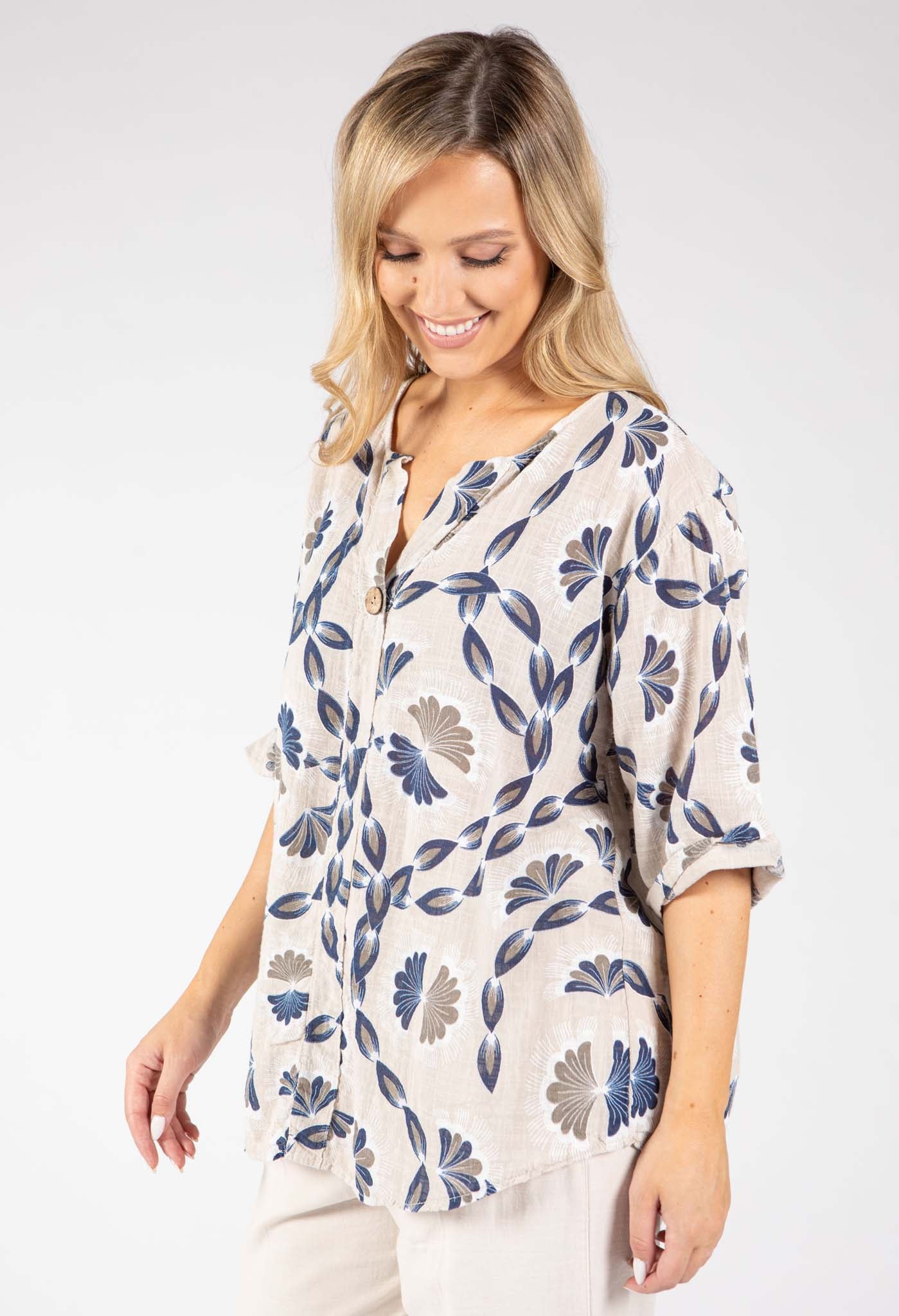 Floral Print Linen Look Blouse