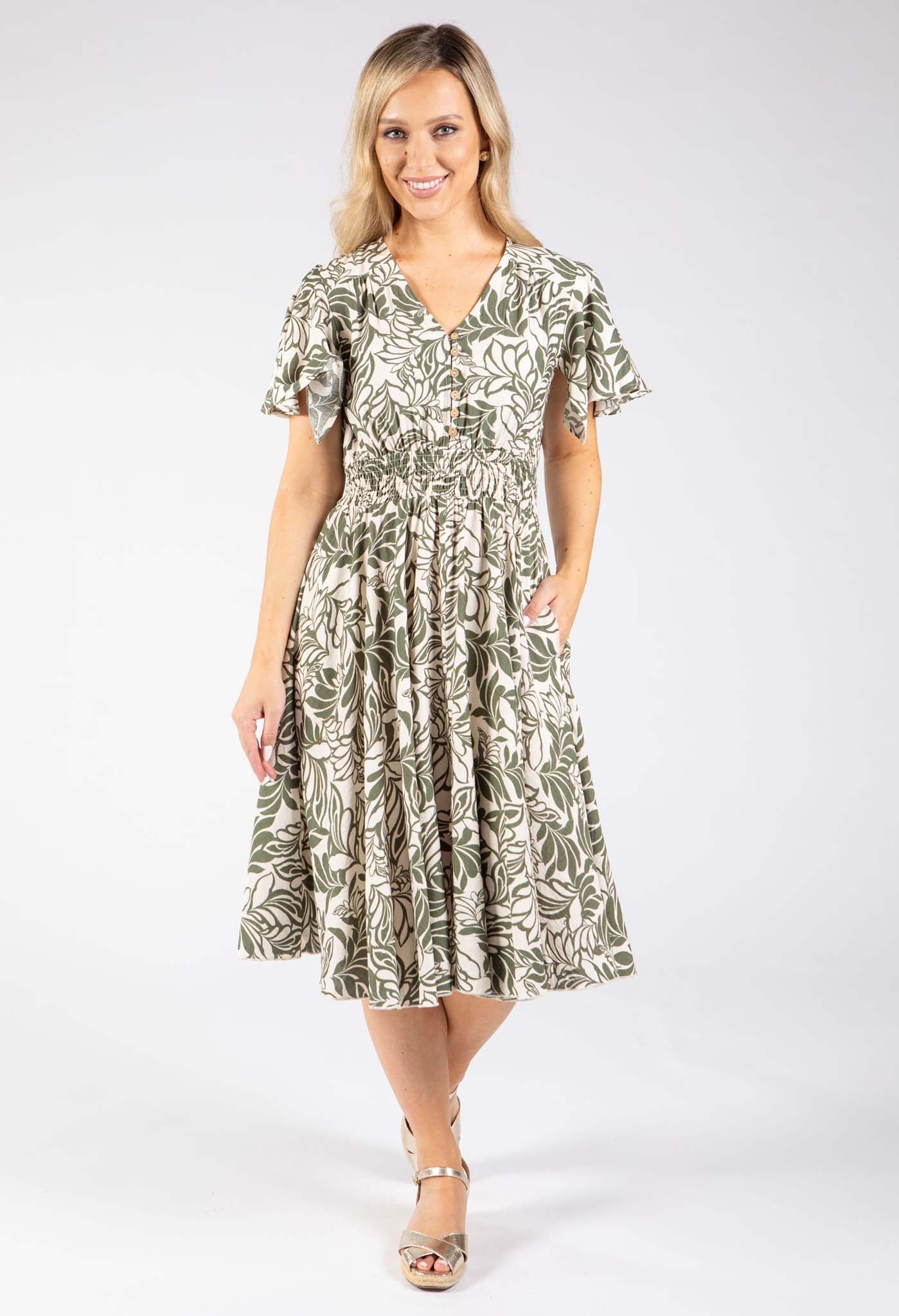 Leaf Print Angel Sleeve Dress