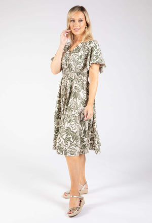 Leaf Print Angel Sleeve Dress