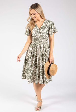 Leaf Print Angel Sleeve Dress